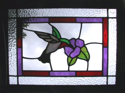 Framed leadlight feature panel with hummingbird and flower
